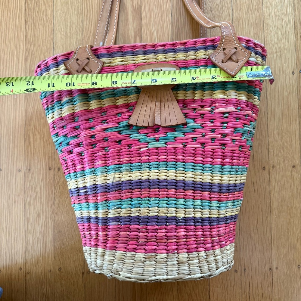 Vintage Woven Raffia Bucket Tote Multicolor with Leather Trim - Picture 8 of 13